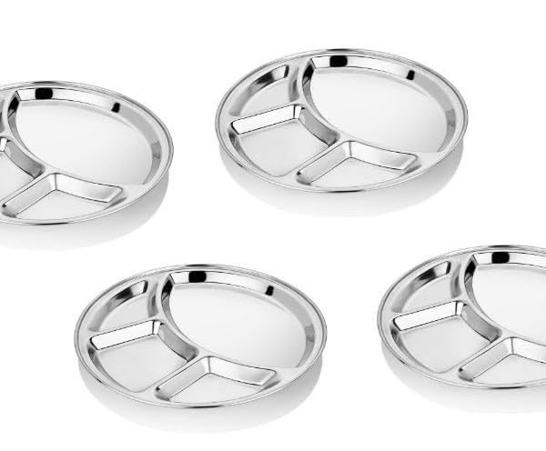 Stainless Steel Bhojan Thali, Heavy Guage Dinner Plate, 5 in 1 Round Partition Plate, Diameter 13 inch, Set of 4