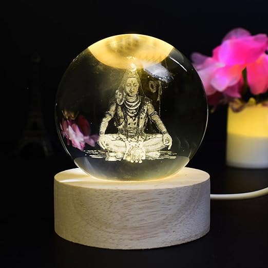 Shiv ji 3D Crystal Ball Night Lamp,Crystal Ball Night Light,USB Table Colorful LED 2.4 Inch Wooden Base Lamp for Home Decoration (Shiv Ji)