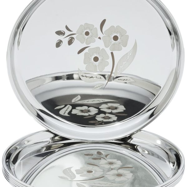 Stainless Steel Plate Set | Set of 6 | 12 Inches | Floral | Silver