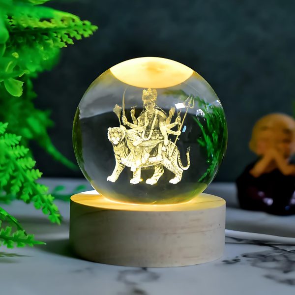 3D Crystal Ball Night Light with Wooden Base, Aesthetic Clear LED Lamp for Home and Bedroom Touch Switch, Warm Light for Kids and Teens Perfect Birthday & Anniversary (Durga MATA)
